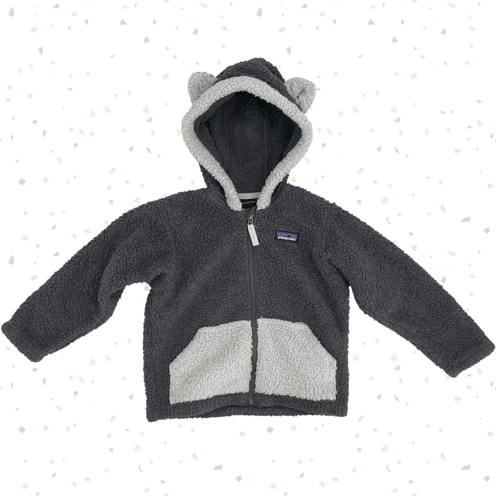 Patagonia Gray White Furry Friends Hoodie Fleece Jacket Hooded Zip Coat Size 2T
